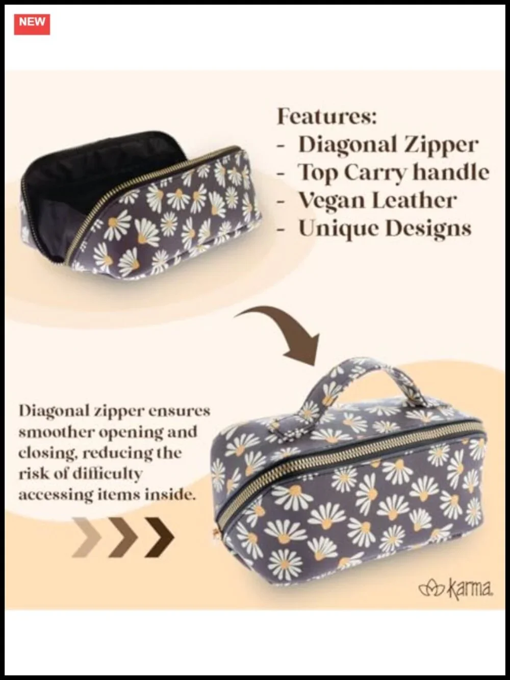 Vegan Leather Zip Cosmetic Bag with Interior Pockets